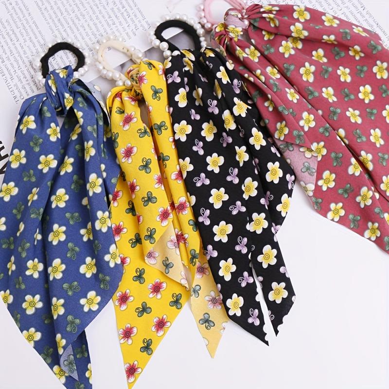 6pcs Long Streamer Hairband Flower Crackle Pastoral Hair Rope For Women Female
