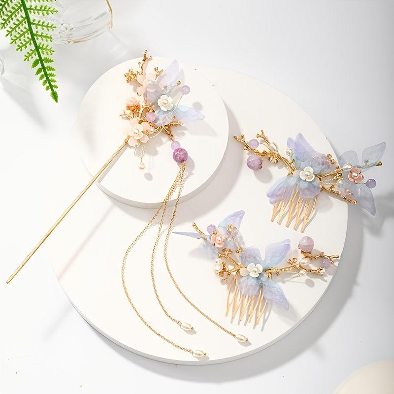 Flower Tassel Hairpin Earrings Hanfu Headwear Set