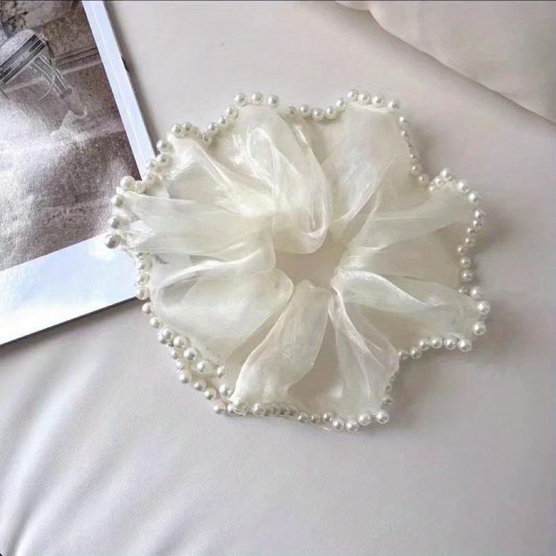 Large Organza Scrunchies Hair Tie with Faux Pearl Brim