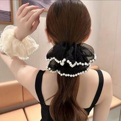 Large Organza Scrunchies Hair Tie with Faux Pearl Brim