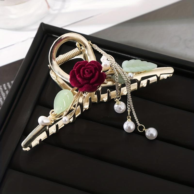Red Rhinestone Flower Hairpin Clips for Women Ponytail Hair Accessories