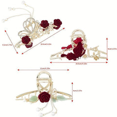 Red Rhinestone Flower Hairpin Clips for Women Ponytail Hair Accessories