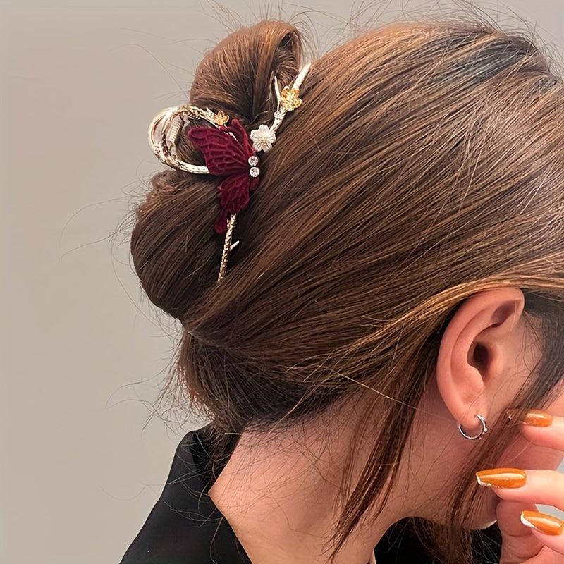 Red Rhinestone Flower Hairpin Clips for Women Ponytail Hair Accessories