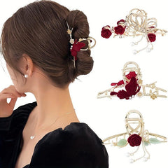 Red Rhinestone Flower Hairpin Clips for Women Ponytail Hair Accessories