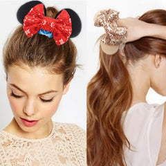 6pcs Mouse Ears Velvet Sparkle Sequin Bows Hair Scrunchies