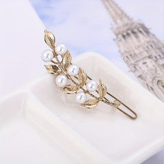 Alloy Hair Clip Golden Leaf Faux Pearl Headwear Bangs Clip