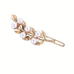 Alloy Hair Clip Golden Leaf Faux Pearl Headwear Bangs Clip