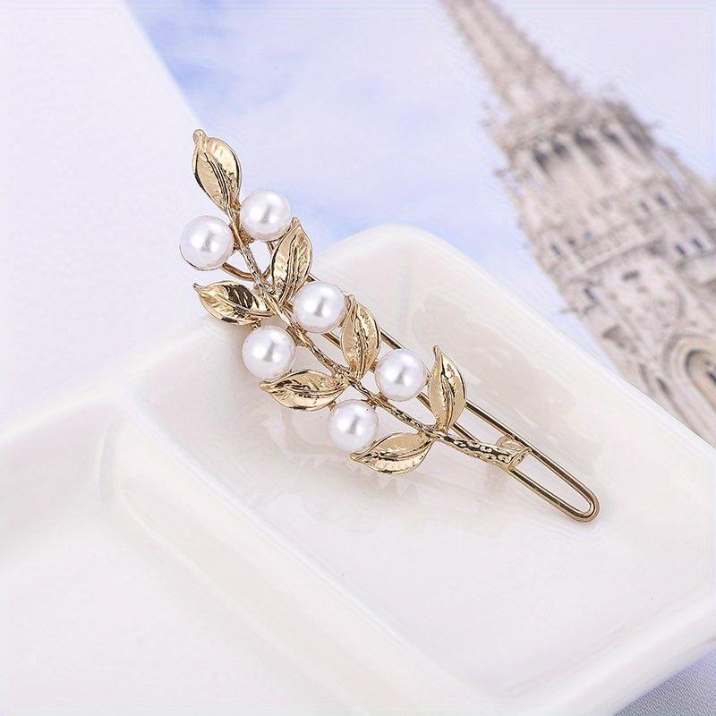 Alloy Hair Clip Golden Leaf Faux Pearl Headwear Bangs Clip