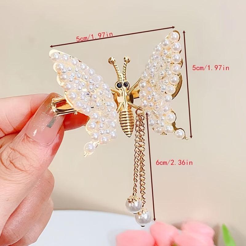 Butterfly Tassel Hair Clip Rhinestone Pearl French Barrette Headwear