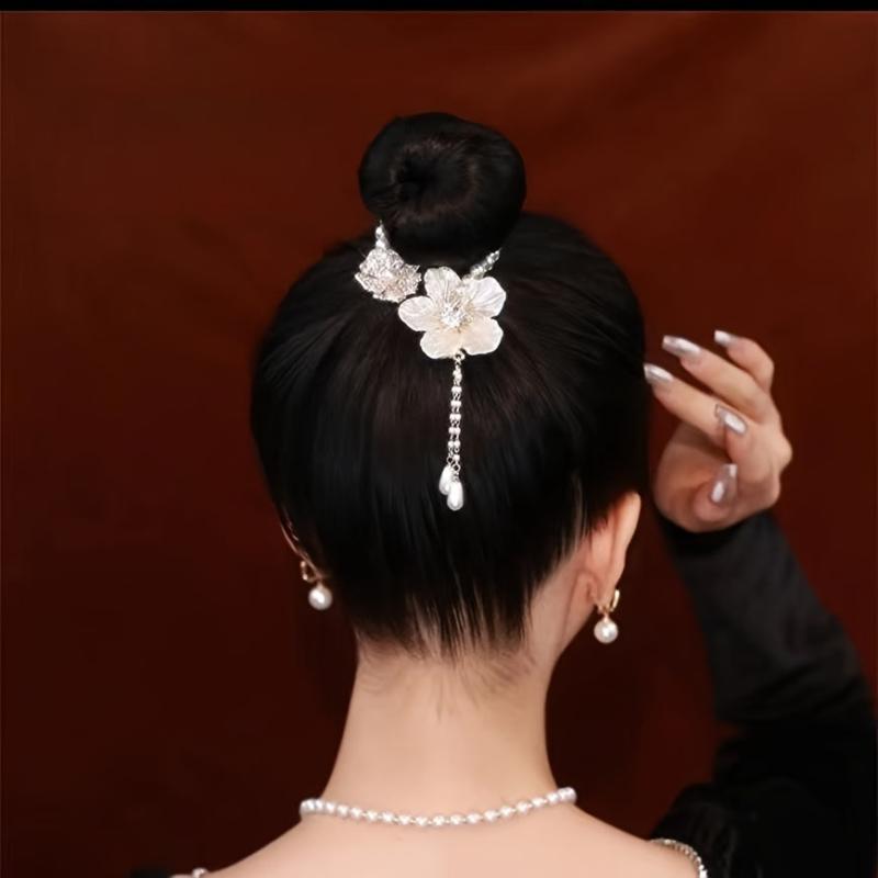 Camellia Flower Pearl Hair Claw Clip Tassel Ponytail Holder