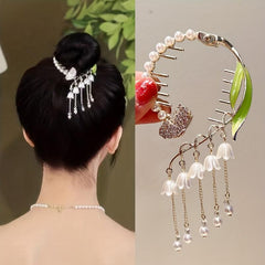 Camellia Flower Pearl Hair Claw Clip Tassel Ponytail Holder