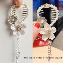 Camellia Flower Pearl Hair Claw Clip Tassel Ponytail Holder