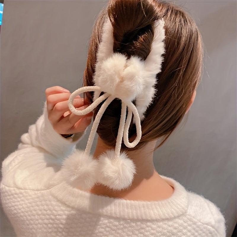 Plush Hair Claw With Fluffy Ball Tassel Ponytail Holder