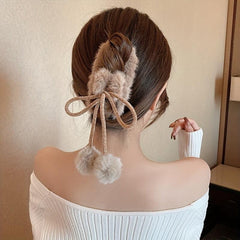 Plush Hair Claw With Fluffy Ball Tassel Ponytail Holder