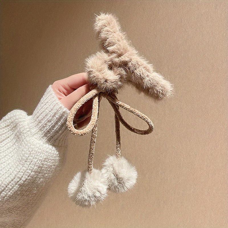 Plush Hair Claw With Fluffy Ball Tassel Ponytail Holder