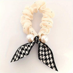Houndstooth Bow Scrunchies Pearl Hair Rope Ponytail Holder Hair Accessories