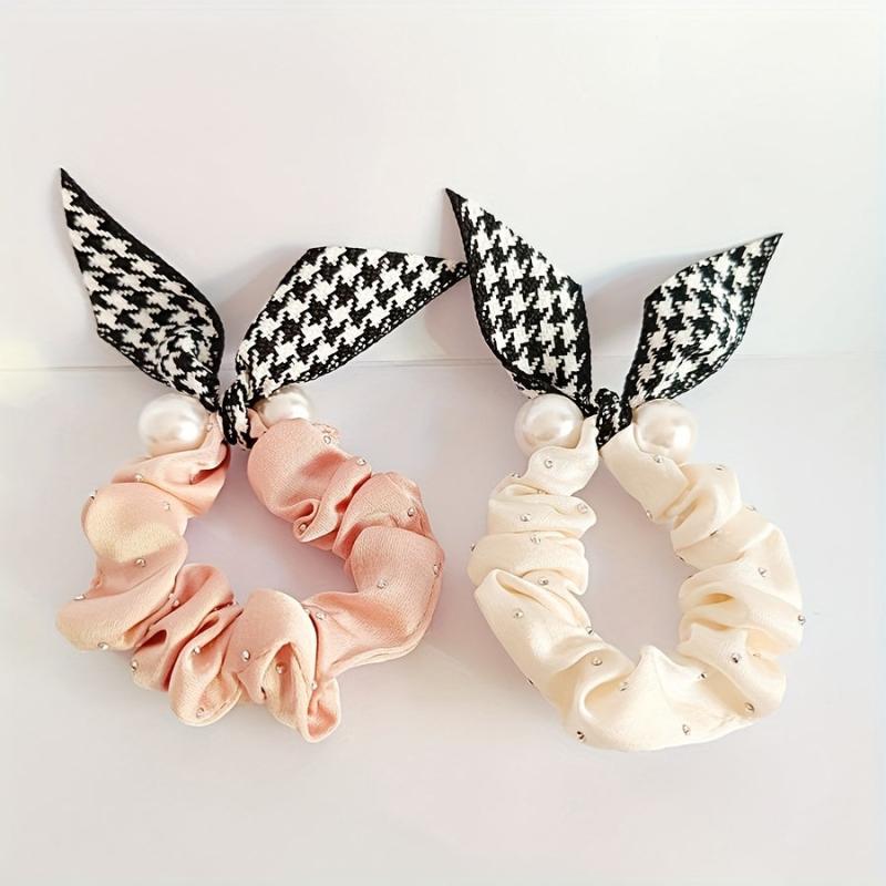 Houndstooth Bow Scrunchies Pearl Hair Rope Ponytail Holder Hair Accessories