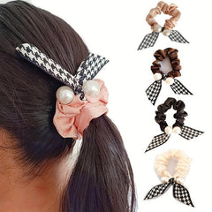Houndstooth Bow Scrunchies Pearl Hair Rope Ponytail Holder Hair Accessories