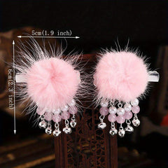 Retro Plush Ball Hair Clip With Small Bells Non slip Duck Billed Clip