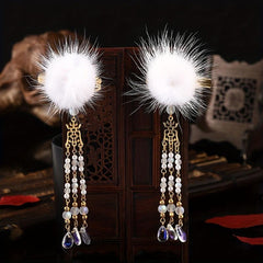 Retro Plush Ball Hair Clip With Small Bells Non slip Duck Billed Clip