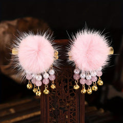 Retro Plush Ball Hair Clip With Small Bells Non slip Duck Billed Clip