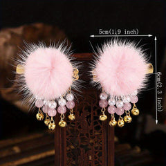 Retro Plush Ball Hair Clip With Small Bells Non slip Duck Billed Clip