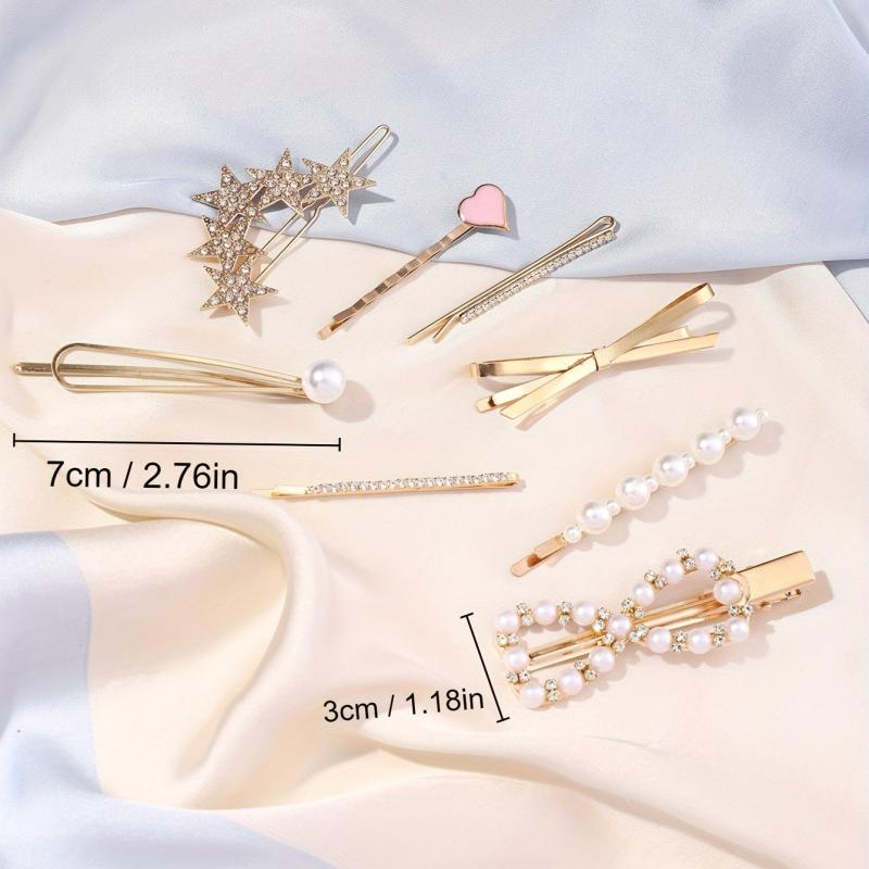 8pcs Hair Pin Metal Clip Pearl Rhinestone Decor Hairpin Bow Shape Women Girls