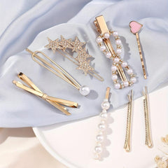 8pcs Hair Pin Metal Clip Pearl Rhinestone Decor Hairpin Bow Shape Women Girls