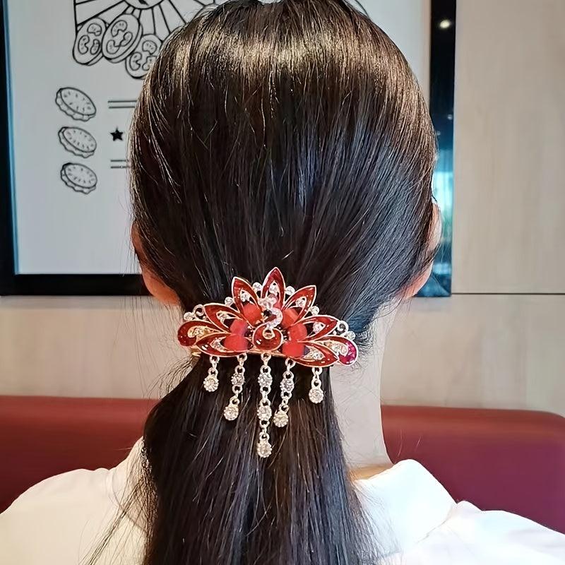Chinese Style Vintage Peacock Rhinestone Tassel Hair Clip
