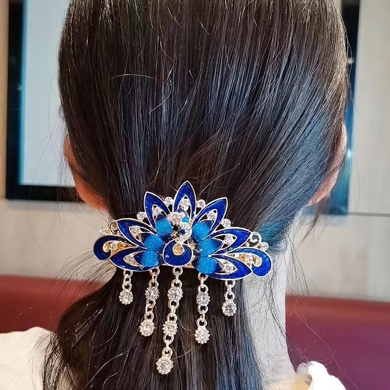 Chinese Style Vintage Peacock Rhinestone Tassel Hair Clip