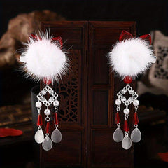 Plush Ball Hair Clip With Opal Pendant Chinese Style Hair Accessories