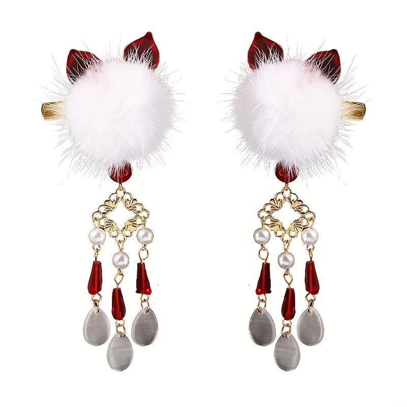 Plush Ball Hair Clip With Opal Pendant Chinese Style Hair Accessories