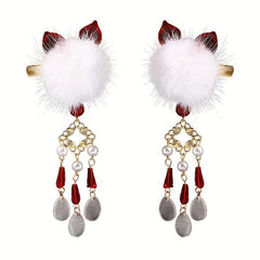 Plush Ball Hair Clip With Opal Pendant Chinese Style Hair Accessories
