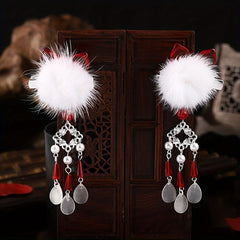 Plush Ball Hair Clip With Opal Pendant Chinese Style Hair Accessories