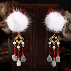 Plush Ball Hair Clip With Opal Pendant Chinese Style Hair Accessories
