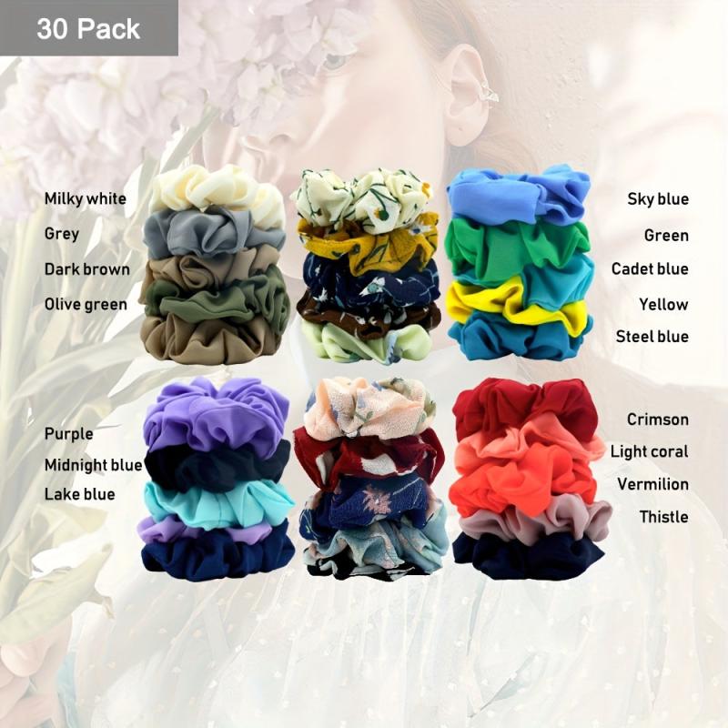 30Pcs Flower Hair Scrunchies & 50Pcs Elastic Hair Bands Soft Hair Ties Package
