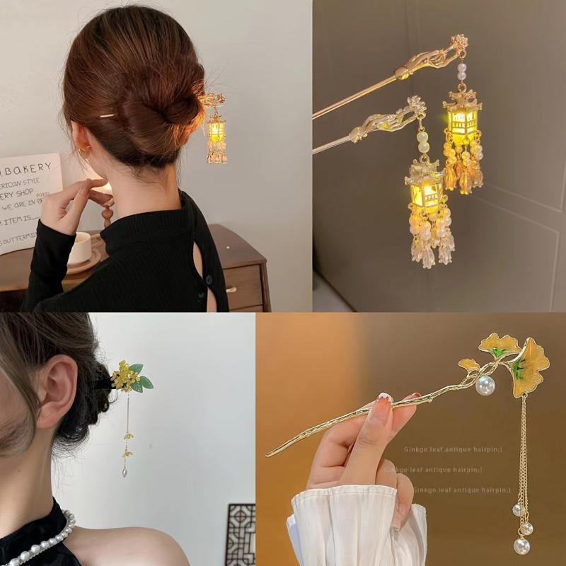 Vintage Chinese Hairpin Faux Pearl Flower Lantern Tassel Chignon