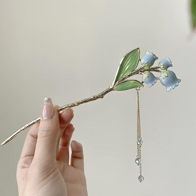 Vintage Chinese Hairpin Faux Pearl Flower Lantern Tassel Chignon