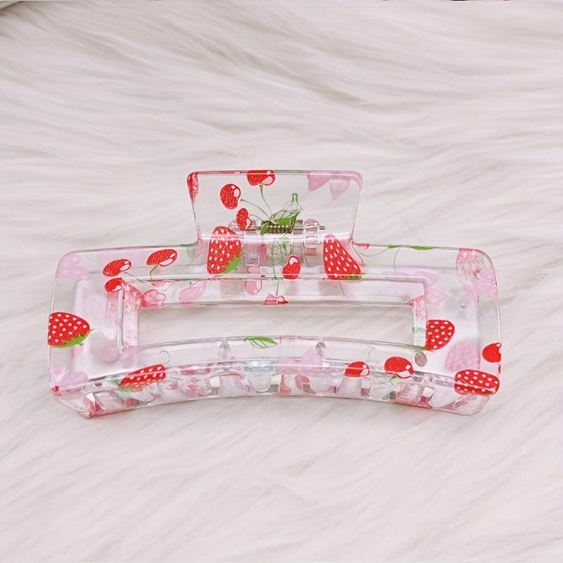 Women Sweet Hair Claw Hollow Rectangle Strawberry Printed Shark Claw Hair Clip