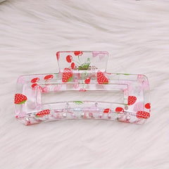 Women Sweet Hair Claw Hollow Rectangle Strawberry Printed Shark Claw Hair Clip
