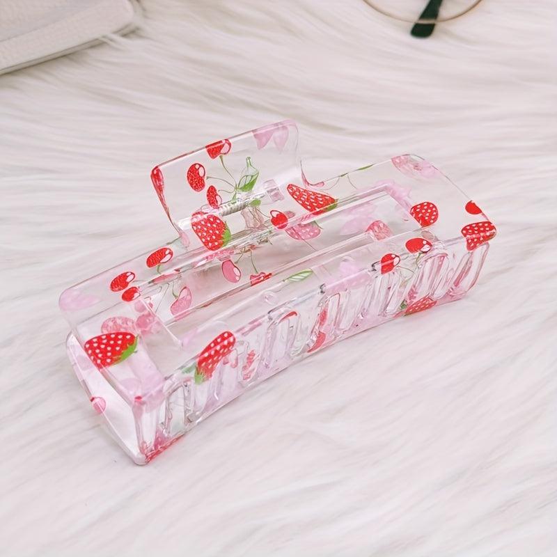 Women Sweet Hair Claw Hollow Rectangle Strawberry Printed Shark Claw Hair Clip