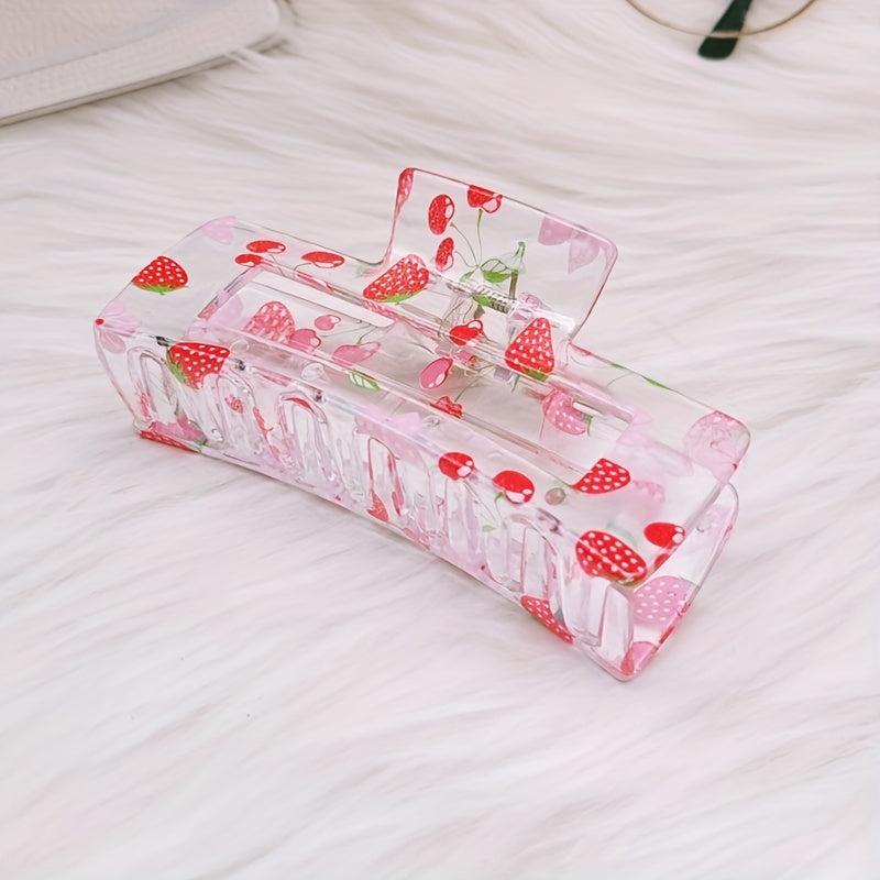 Women Sweet Hair Claw Hollow Rectangle Strawberry Printed Shark Claw Hair Clip