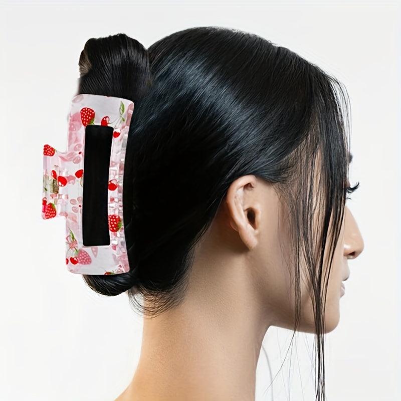 Women Sweet Hair Claw Hollow Rectangle Strawberry Printed Shark Claw Hair Clip