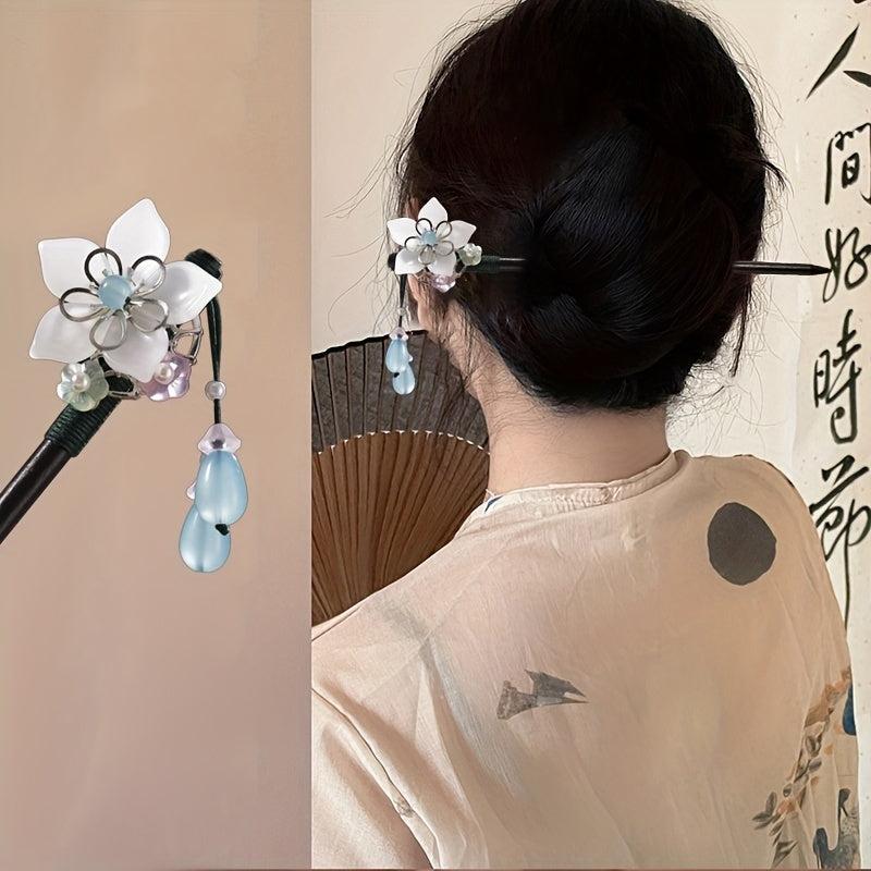 Wooden Flower Hairpin with Pendant Hair Stick Chinese Style Costume Accessory