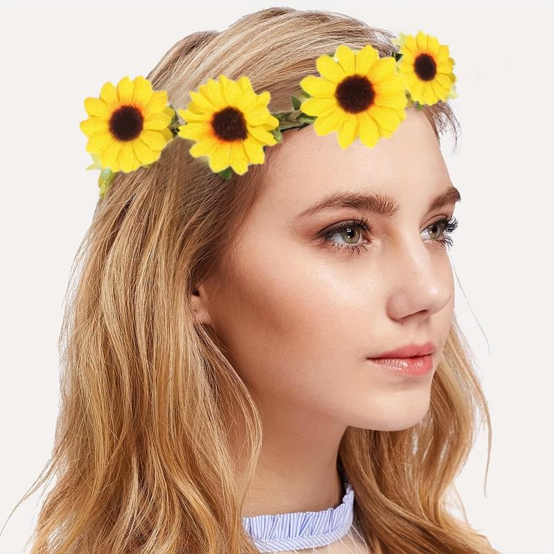 7pcs Flower Headband Hawaiian Sunflower Daisy Hair Tie Floral Wreath