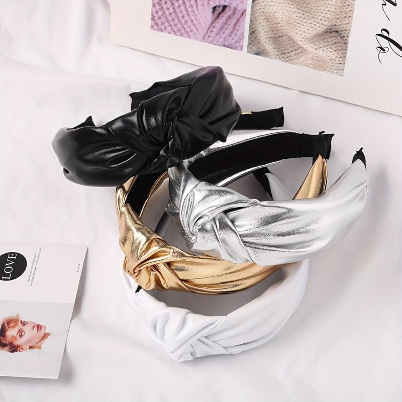 PU Leather Knotted Hair Band Wide Glitter Headband Punk Glossy Headdress