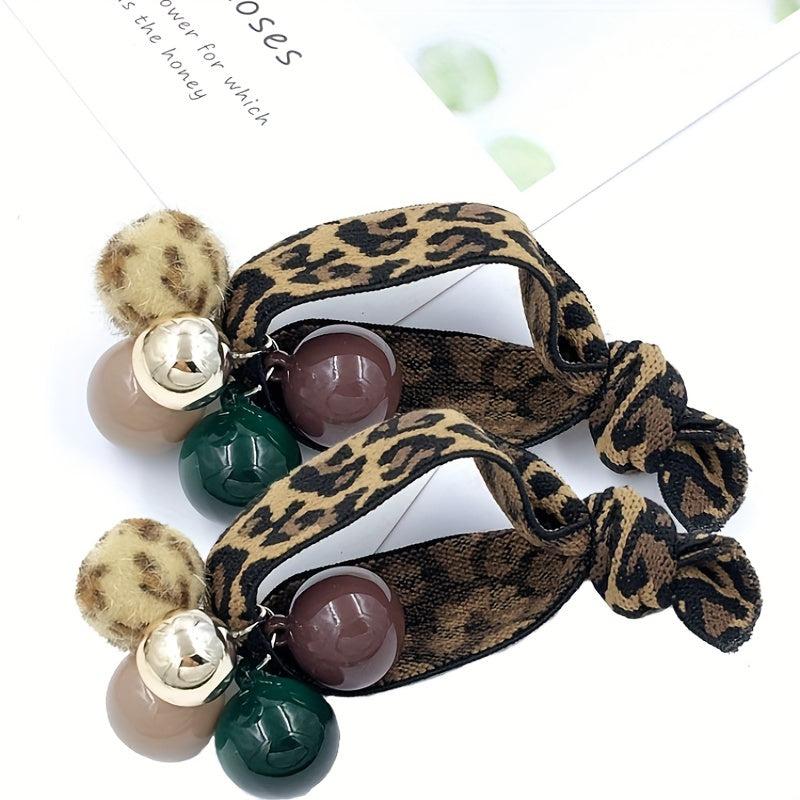 2pcs Leopard Print Rainbow Pearl Rhinestone Hair Tie Scrunchie Hair Accessories