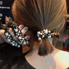 2pcs Leopard Print Rainbow Pearl Rhinestone Hair Tie Scrunchie Hair Accessories