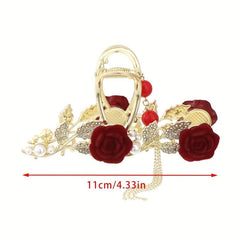Red Rose Rhinestone Faux Pearl Tassel Hair Claw Clip