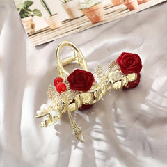 Red Rose Rhinestone Faux Pearl Tassel Hair Claw Clip